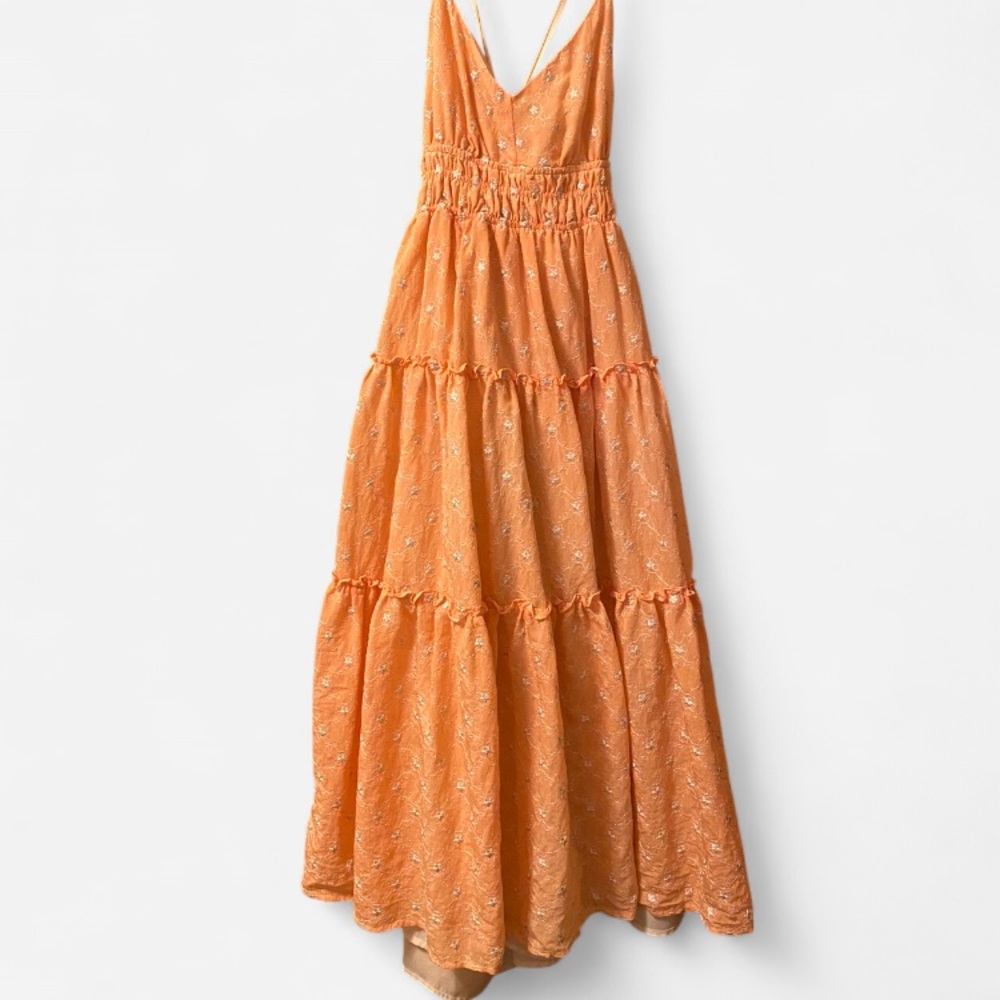 Floral Embroidered Orange Tiered Dress